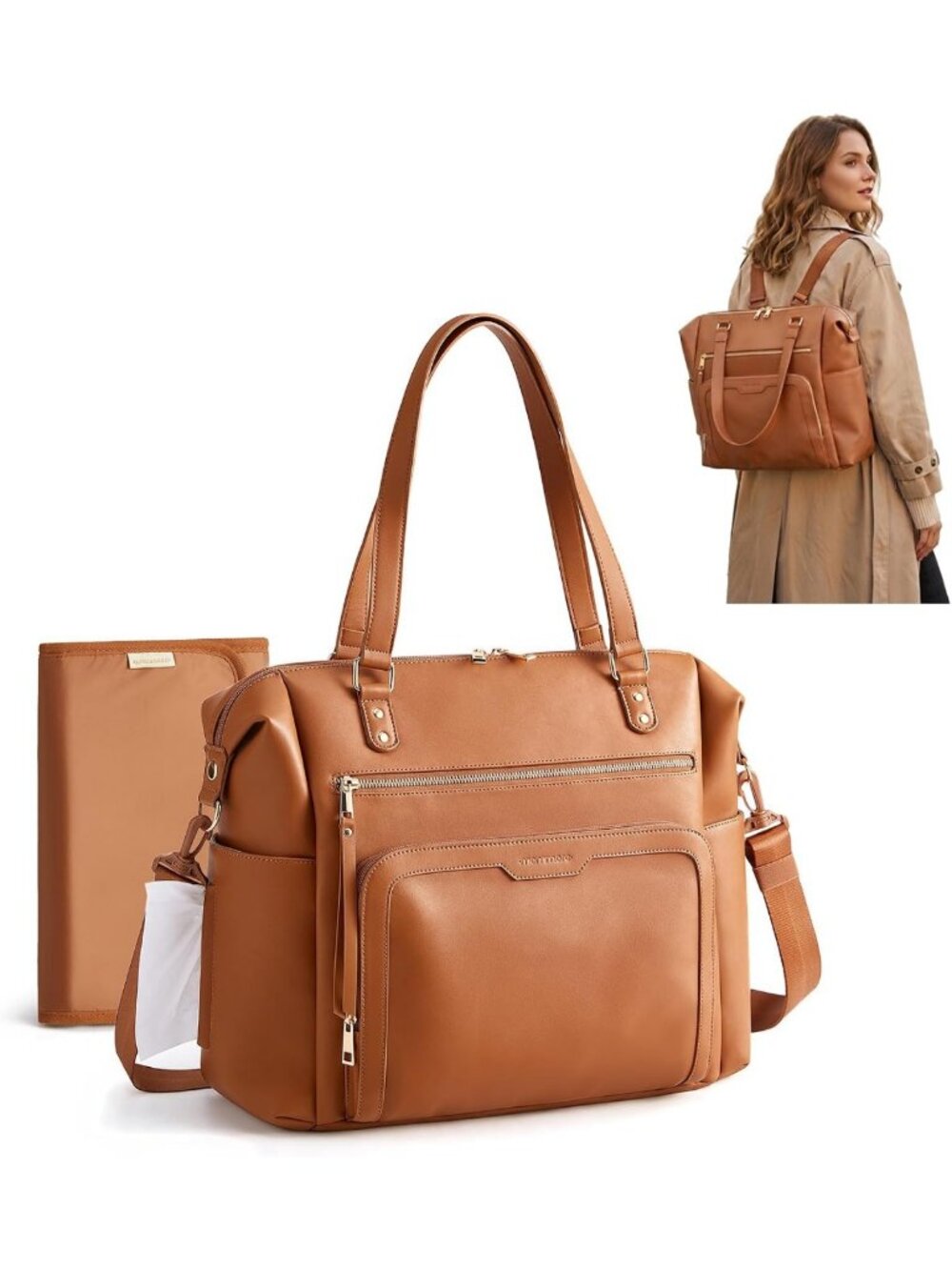 Stylish PU Leather Convertible Diaper Bag Backpack & Crossbody Tote for Moms